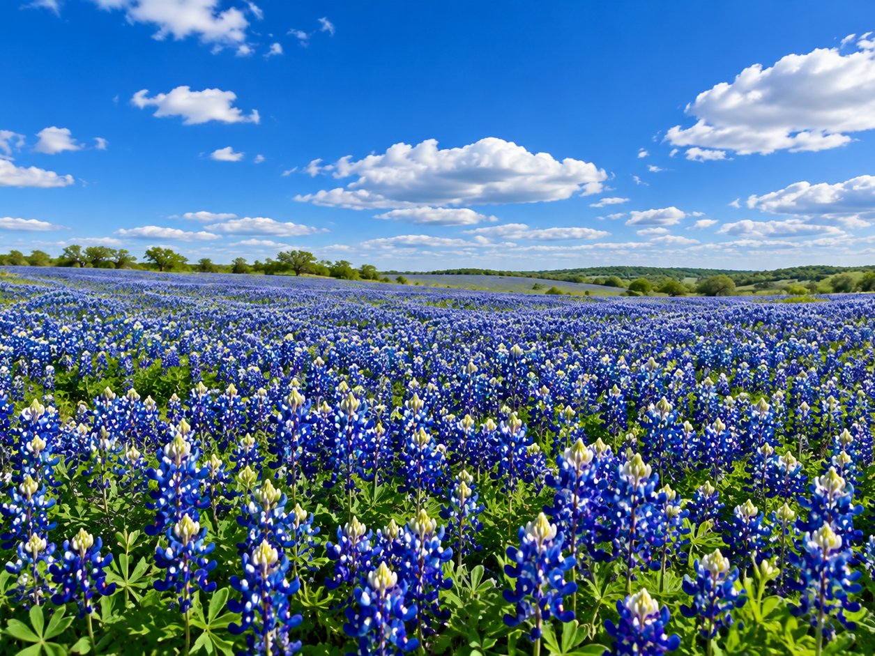 A field of Texas bluebonnets under a blue sky
